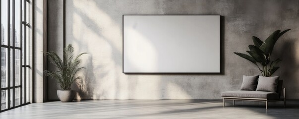 A modern interior featuring a blank canvas, stylish sofa, and indoor plant, perfect for creative presentations and minimalist aesthetics.