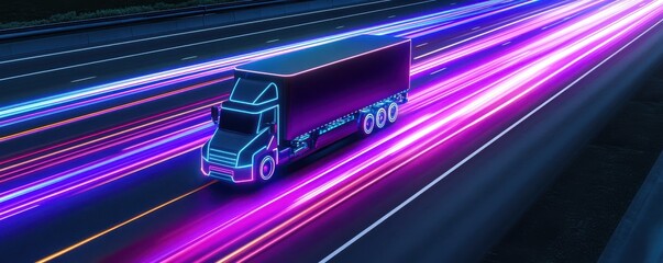 Obraz premium A vibrant, neon-lit truck moving swiftly along a highway, showcasing motion and speed with colorful light trails.