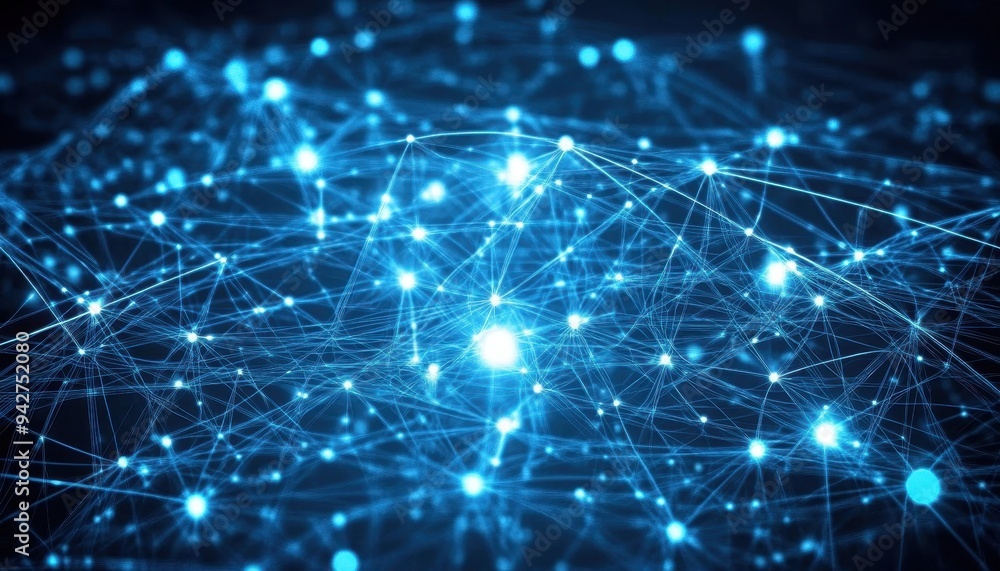 Poster glowing interconnected nodes in a digital network