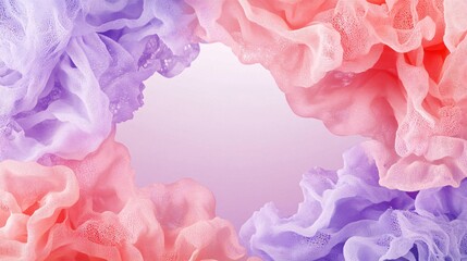 Fototapeta premium Colorful, soft fabric textures in pink and purple create an abstract, dreamy frame.