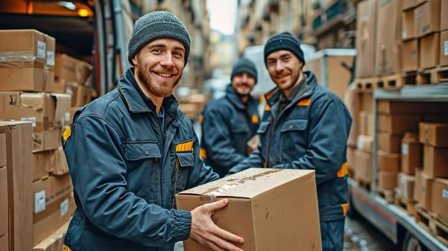relocation assistance Workers demonstrate collaboration and teamwork as they unload items from a vehicle. Uniformed delivery workers moving stuff