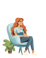 Happy smiling girl with red hair lounge in soft armchair