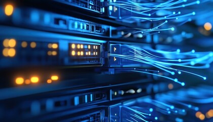 Naklejka premium Futuristic Data Center with Glowing Server Racks and Fiber Optic Cables