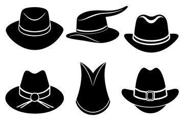 6 set unique black hat styles silhouette vector