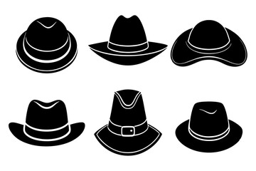 6 set unique black hat styles silhouette vector