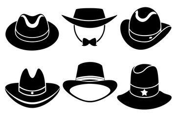 6 set unique black hat styles silhouette vector