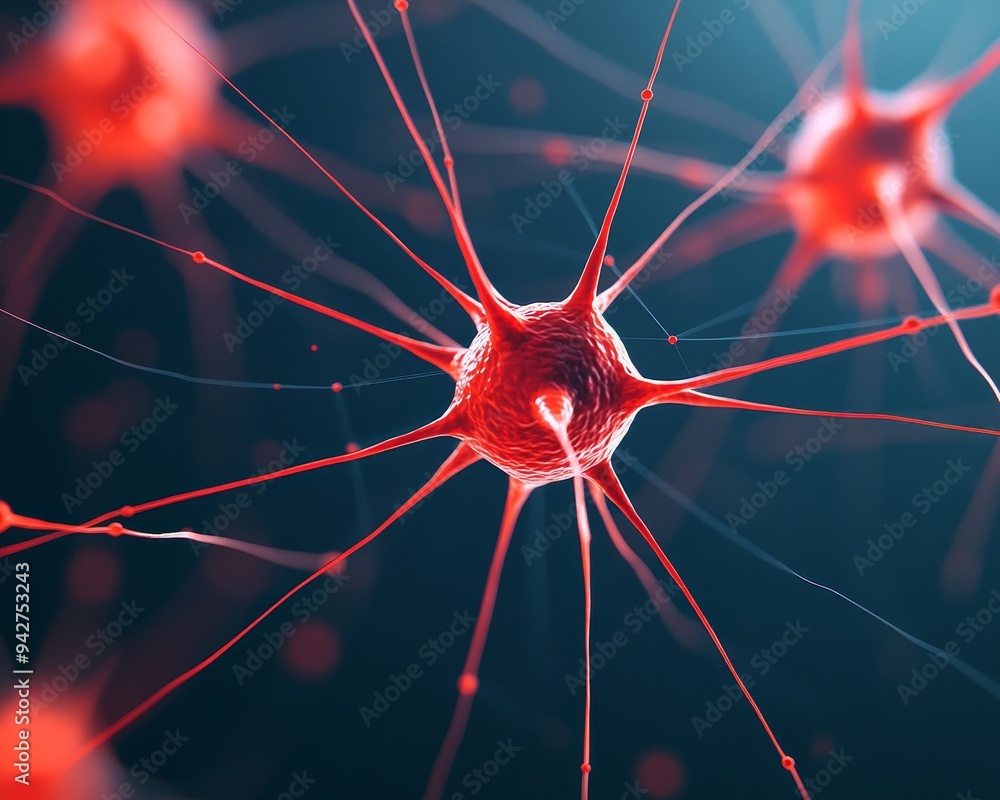 Poster a close-up view of a vibrant red neuron cell, showcasing its intricate structure and delicate connec