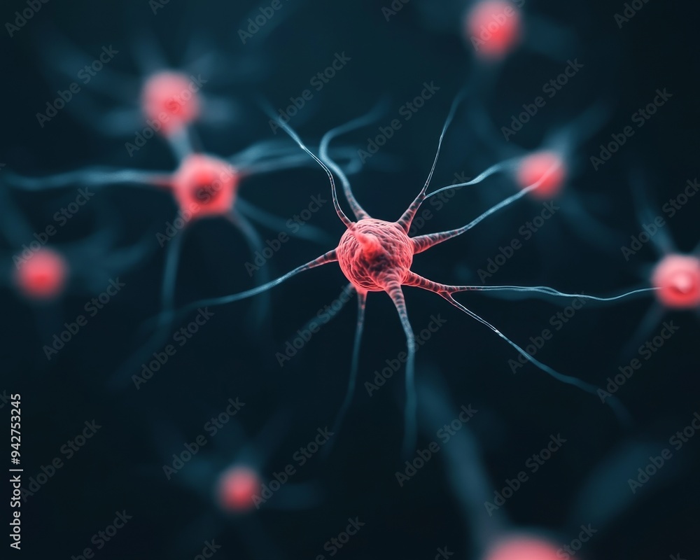 Poster a close-up view of abstract neurons with red accents, showcasing the complexity of neural connection