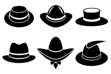 6 set unique black hat styles silhouette vector