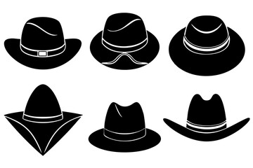 6 set unique black hat styles silhouette vector