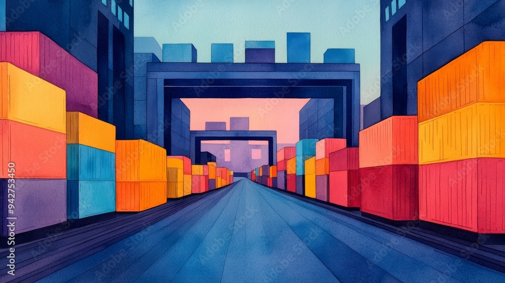 Poster a colorful illustration of a container port, with rows of shipping containers and a large crane over