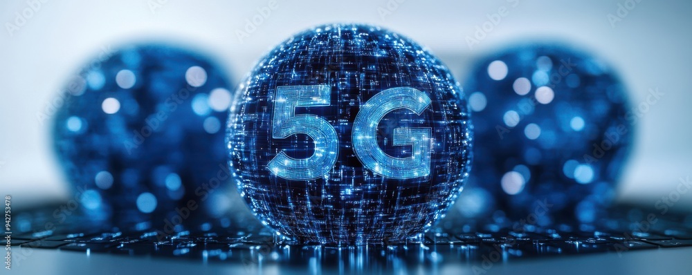 Poster futuristic representation of 5g technology with glowing spheres, symbolizing connectivity and advanc