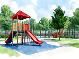 A colorful playground with a slide and climbing structure in a park setting.  A lush green landscape with trees in the background.