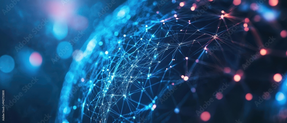Poster glowing digital sphere with interconnected nodes and lights