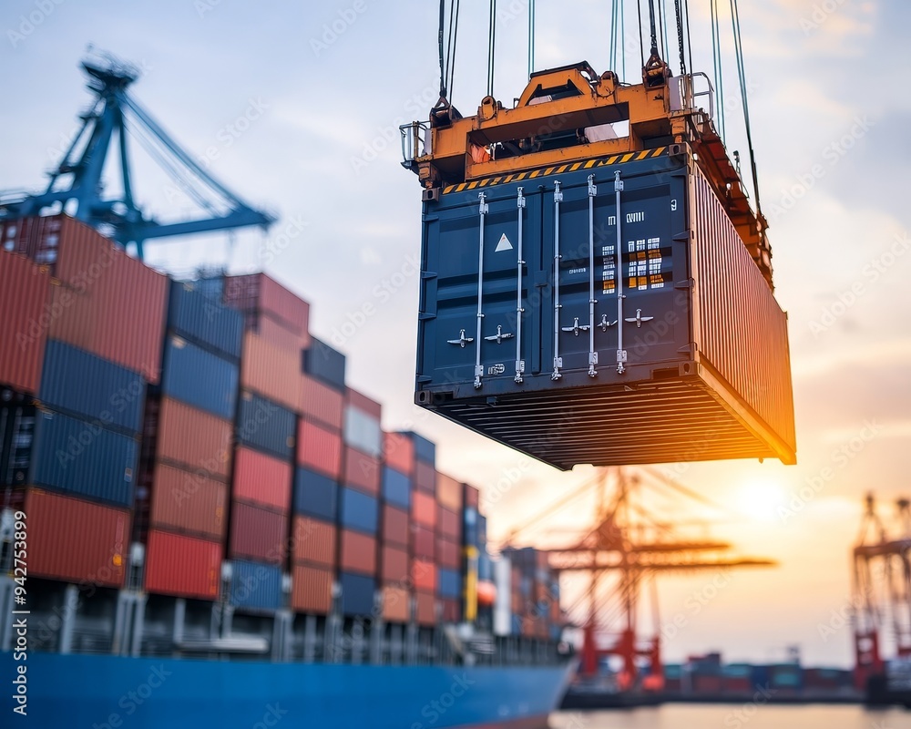 Poster a container being lifted by a crane at a busy port. the container ship is in the background and the 