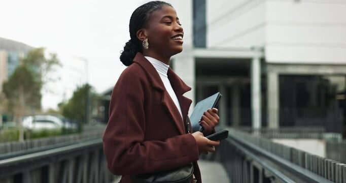 Black woman, business and happy outdoor with smartphone for email notification in New York. Female person, employee and smile in city as property developer for communication, connection or networking