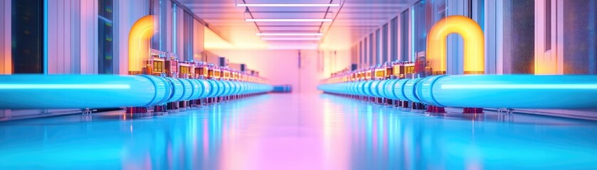 Hyperscale data center with cloud infrastructure, liquid cooling systems, blue-lit coolant pipes, energy-efficient technology, ultra-modern and clean aesthetics