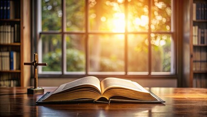 An open bible on a wooden table in a serene library, backlit by a window with a cross creating a peaceful atmosphere