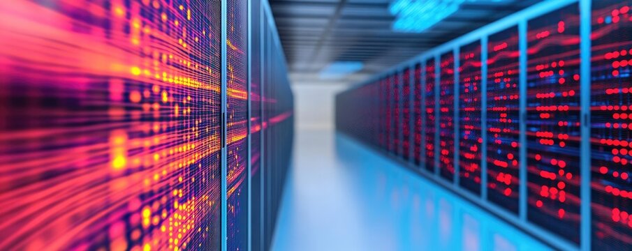 Aerial view of hyperscale data center, cloud deployment visualized as digital waves, advanced automation systems, efficient and futuristic design, vibrant colors