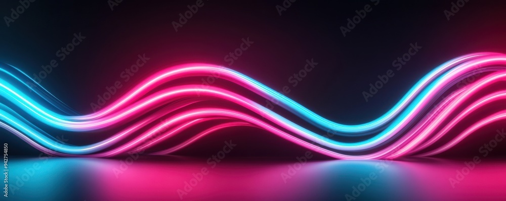 Poster vibrant neon waves create a dynamic visual experience, blending pink and blue in a captivating light