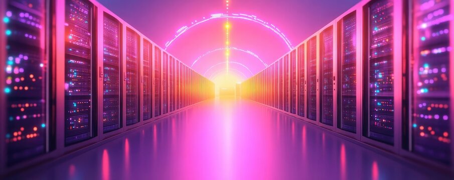Hyperscale data center, high-tech scalability infrastructure, efficiency in digital operations, flat design illustration