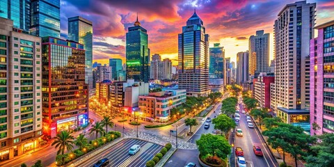 Fototapeta premium Vibrant and lively cityscape featuring high-rise buildings, busy streets, and colorful signs