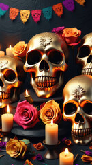 Mexico's Day of the Dead Festivities. Dia de Muertos with banner golden skulls, candles, roses on a stone background.