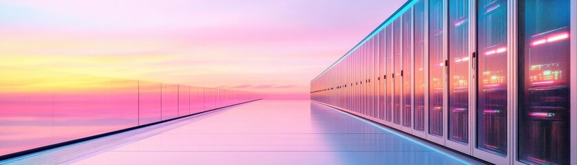 Fototapeta premium Sleek hyperscale data center with innovative architecture, emphasizing redundancy through mirrored data systems and failover protocols, secure and reliable tech hub
