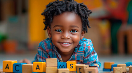 Concept back to school, a portrait of african boy with wooden blocks, education in kindergarten or classroom.