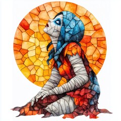 Stained Glass Fantasy Halloween Succubus in Mummy Costume - Watercolor Clipart - Gothic Spooky Art - Perfect for Halloween Decorations and Invitations - High-Quality Stock Image on White Background