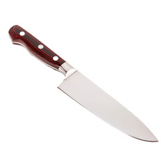 a stainless steel chefs knife with brown wooden handle on transparent background