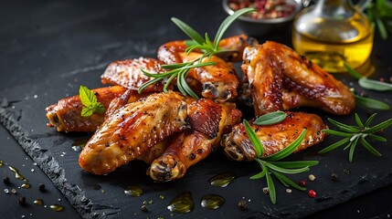 Roasted chicken wings with drops of olive oil and a dark backdrop