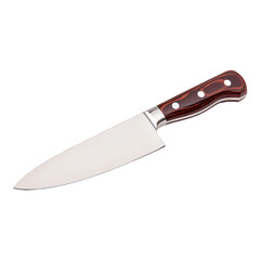 a stainless steel chefs knife with brown wooden handle on transparent background