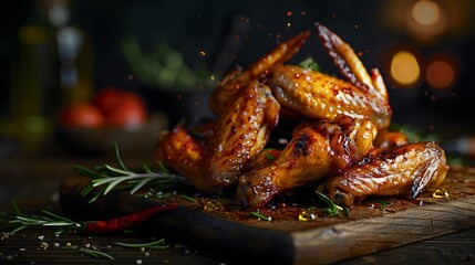 Roasted chicken wings with drops of olive oil and a dark backdrop