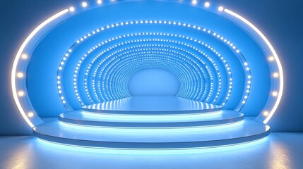 High-angle view of a blue background with circular light strips and white glass podiums, providing a symmetrical, futuristic setting with a large empty center for showcasing items.