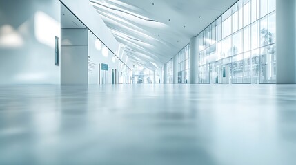 Minimalist Exhibition Hall with Sleek Modern Architecture, Smooth Flooring, and Blurred Signage Before Event Starts