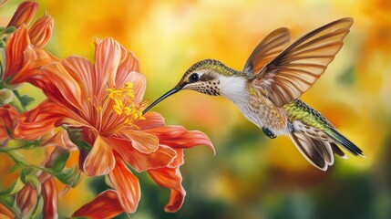 Fototapeta premium Hummingbird in Flight, Feeding from an Orange Flower