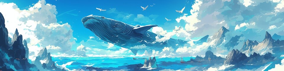 Fototapeta premium Surreal Underwater Mountain Landscape with Fish Swimming like Birds: Fantastical Digital Art for Game Backgrounds and Book Illustrations. Dreamlike Oceanic Scene Blending Nature Elements in Vibrant Co