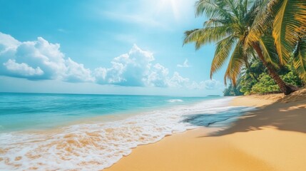 Beautiful tropical island sea beach landscape, turquoise ocean water, yellow sand, sun blue sky white cloud, green coconut palm tree leaves, paradise nature, summer holidays, vacation, tourism, travel