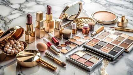 Luxurious and elegant makeup products displayed on a marble tabletop, showcasing beauty, luxury cosmetics, expensive high end chic glamour, stylish