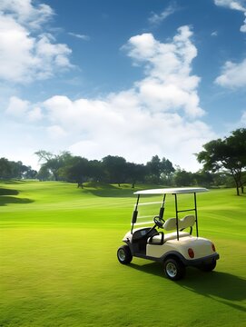 Sunny Golf Fairway with Parked Cart Offering Vast Copyspace