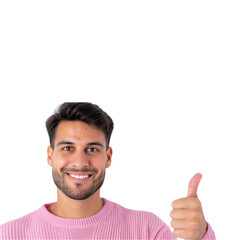 a young man wearing a pink sweater and smiling while giving a thumbs up on transparent background