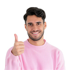a young man wearing a pink sweater and smiling while giving a thumbs up on transparent background