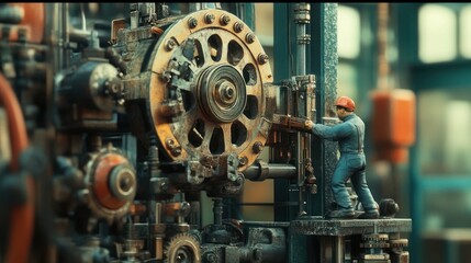 Fototapeta premium A Miniature Worker Operating a Rusty Industrial Machine