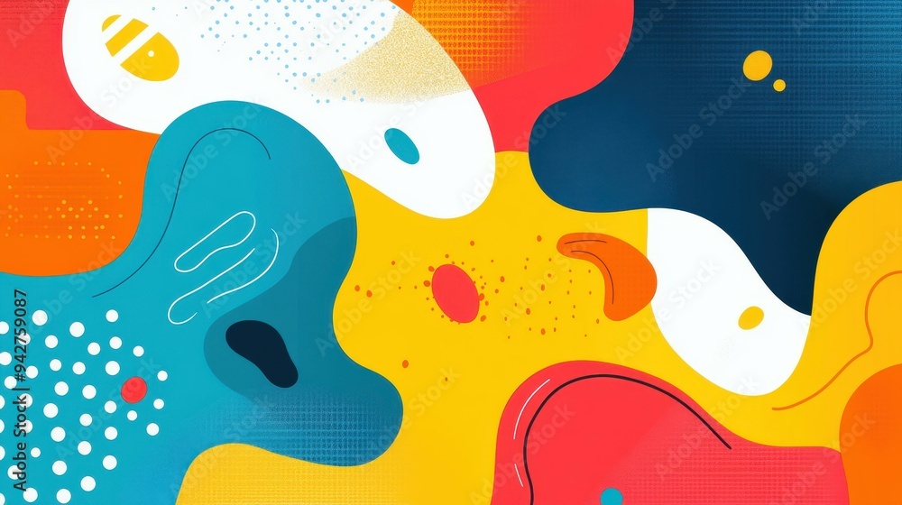 Poster vibrant geometric patterns blend with abstract waves, creating a fun and modern cartoonstyle backdro