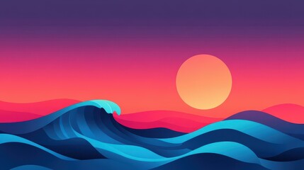 Abstract illustration of dark ocean waves and a glowing island, featuring a modern flat design with textured details.