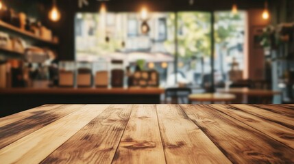 Empty wood table and vintage tone blurred coffee shop background