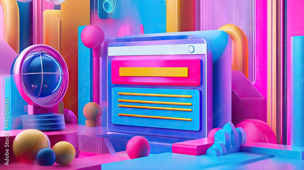Poster A vibrant 3D illustration of a search engine interface with a focus on the search bar and modern design elements.