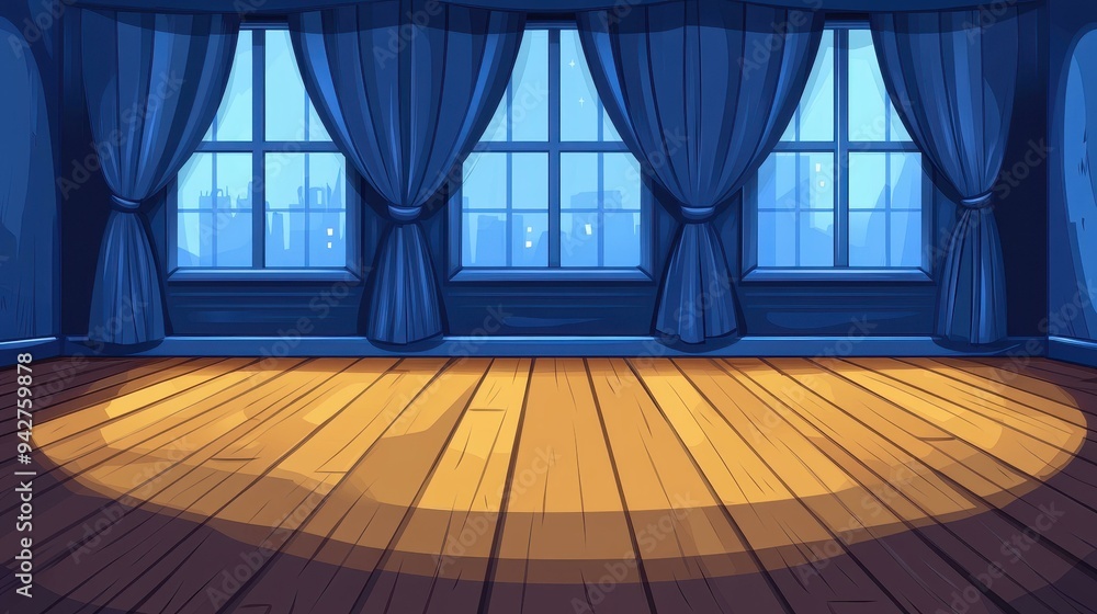 Poster Explore a serene night room background with a dark apartment vibe, featuring windows and wooden floors in a cartoon style.