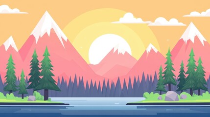 Vibrant mountain landscape, showcasing a stunning panoramic view with modern cartoon textures and art style.